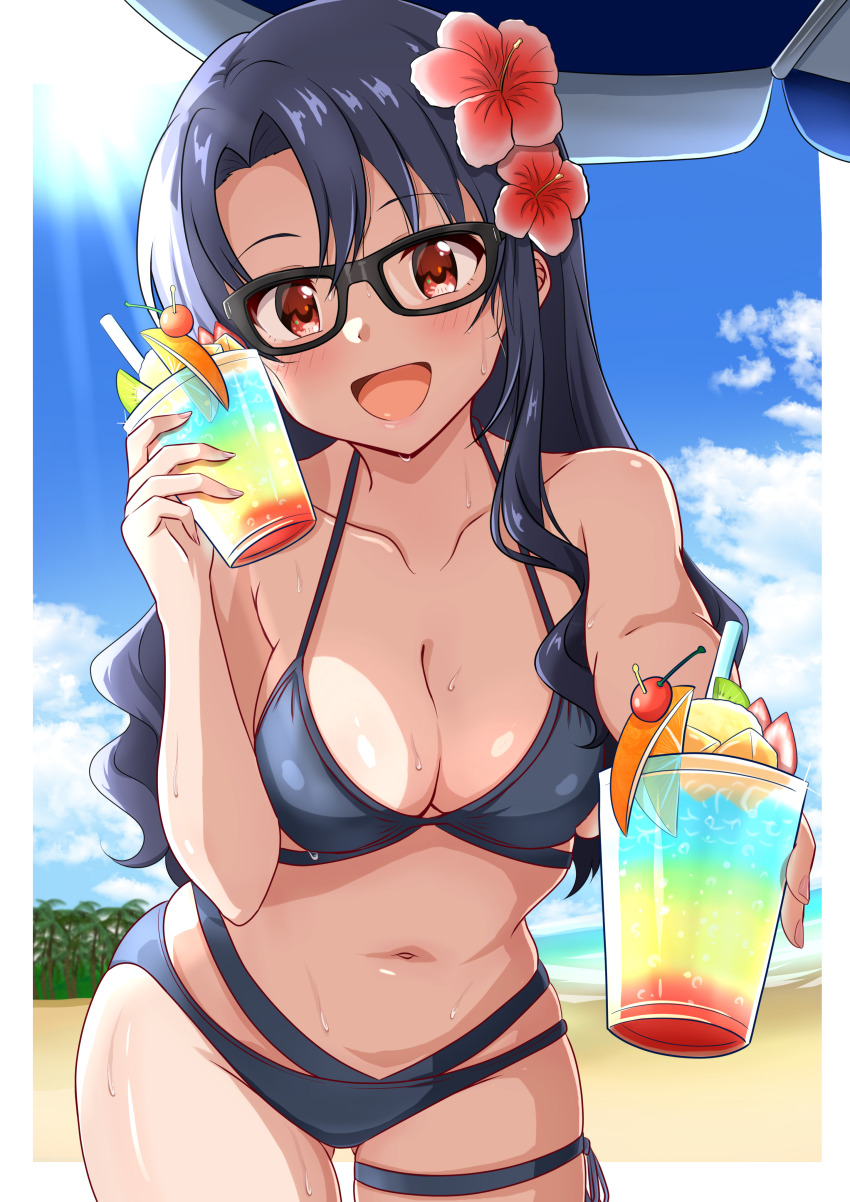 1girl absurdres beach bikini black-framed_eyewear black_bikini black_hair blush breasts cleavage collarbone commentary cup drink flower glasses hair_flower hair_ornament highres holding holding_cup idolmaster idolmaster_million_live! incoming_food long_hair medium_breasts mimiu_p navel red_eyes smile solo stomach sweat swimsuit takayama_sayoko thigh_strap very_long_hair