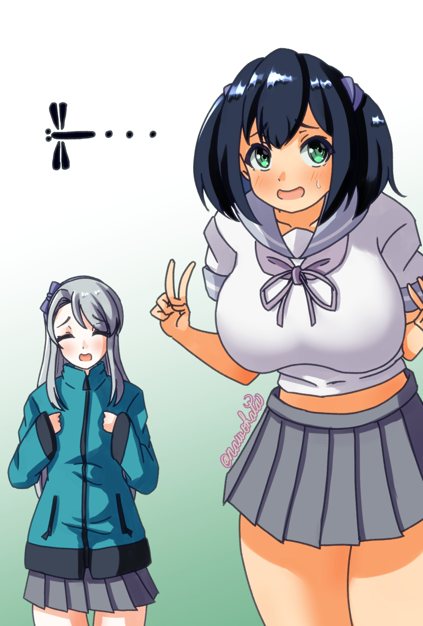 2girls black_hair blue_jacket braid breasts bug closed_eyes cosplay dragonfly eromanga_sensei green_eyes grey_eyes grey_skirt highres insect izumi_sagiri izumi_sagiri_(cosplay) jacket kantai_collection large_breasts long_hair multiple_girls name_connection nawohata purple_sailor_collar sagiri_(kancolle) sagiri_(kancolle)_(cosplay) sailor_collar school_uniform serafuku skirt souryuu_(kancolle) twin_braids v