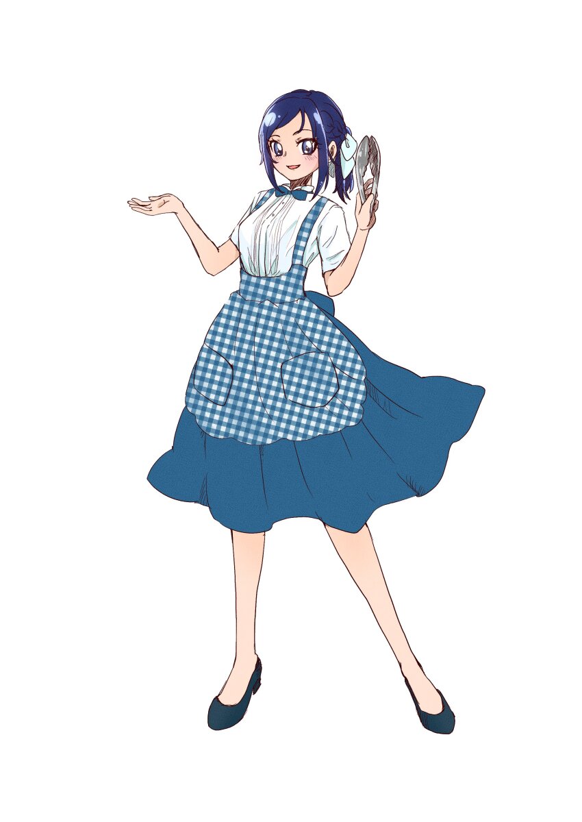 1girl absurdres alternate_costume alternate_hairstyle apron black_shoes blue_apron blue_bow blue_bowtie blue_eyes blue_hair blue_skirt blush bow bowtie breasts checkered_apron checkered_clothes dokidoki!_precure employee_uniform full_body gingham gingham_apron gingham_skirt high-waist_skirt highres hishikawa_rikka holding holding_tongs kobeya_uniform kypkenta long_hair looking_at_viewer medium_breasts open_mouth plaid_apron plaid_clothes pleated_shirt ponytail precure shirt shoes short_sleeves skirt smile tongs waitress white_background white_shirt