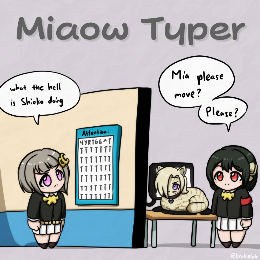 &gt;:( 2girls :c animal animalization armband asymmetrical_hair black_hair black_jacket bob_cut cardigan cat cat_on_keyboard chibi chibi_only closed_mouth collared_shirt commentary computer crescent crescent_hair_ornament english_commentary english_text frown grey_background grey_hair hair_ornament hair_over_one_eye highres inverted_bob jacket krakelak long_sleeves love_live! love_live!_nijigasaki_high_school_idol_club mia_taylor mifune_shioriko miniskirt monitor multiple_girls nakasu_kasumi nijigasaki_school_uniform no_mouth one_eye_covered orange_eyes pleated_skirt pun purple_eyes red_armband school_uniform shirt short_hair simple_background skirt speech_bubble standing text_focus twitter_username v-shaped_eyebrows white_shirt white_skirt winter_uniform yellow_cardigan