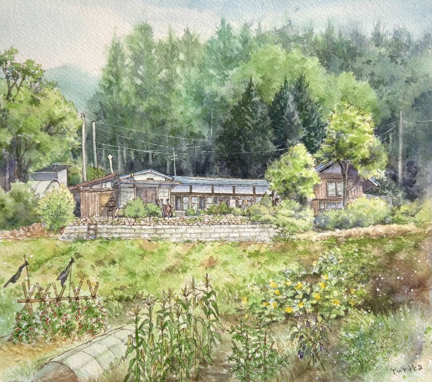 brick_wall building flower forest garden grass highres house nature no_humans ooy33151086 original painting_(medium) pine_tree plant power_lines rural scenery traditional_media tree utility_pole watercolor_(medium) yellow_flower