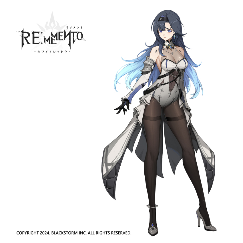 1girl anklet bare_shoulders beatrice_(rememento) black_gloves black_hair black_hairband black_pantyhose blue_eyes blue_hair bodystocking breasts cleavage closed_mouth copyright_name copyright_notice detached_sleeves earrings full_body gloves gradient_hair grey_shoes hairband high_heels highres jewelry legs_apart leotard logo long_hair looking_at_viewer medium_breasts multicolored_hair official_art pantyhose rememento:_white_shadow see-through_cleavage see-through_clothes shoes showgirl_skirt solo standing tachi-e thighband_pantyhose white_background white_leotard white_sleeves