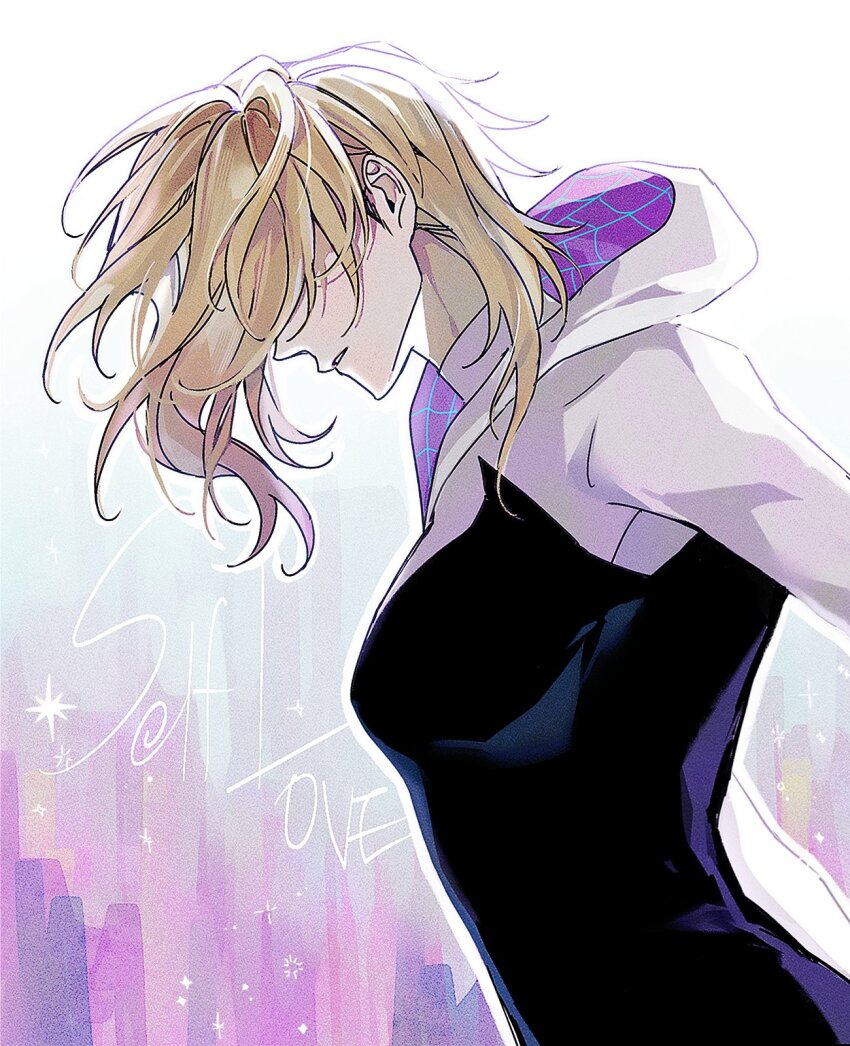 1girl animification black_bodysuit blonde_hair bodysuit breasts commentary_request covered_eyes english_text gradient_background gradient_hair gugusam0 gwen_stacy hair_over_eyes highres hood hooded_bodysuit korean_commentary marvel medium_breasts medium_hair multicolored_bodysuit multicolored_hair pink_background pink_hair purple_bodysuit solo spider-gwen spider-man_(series) spider-verse spider_web_print superhero_costume teeth upper_body white_background white_bodysuit