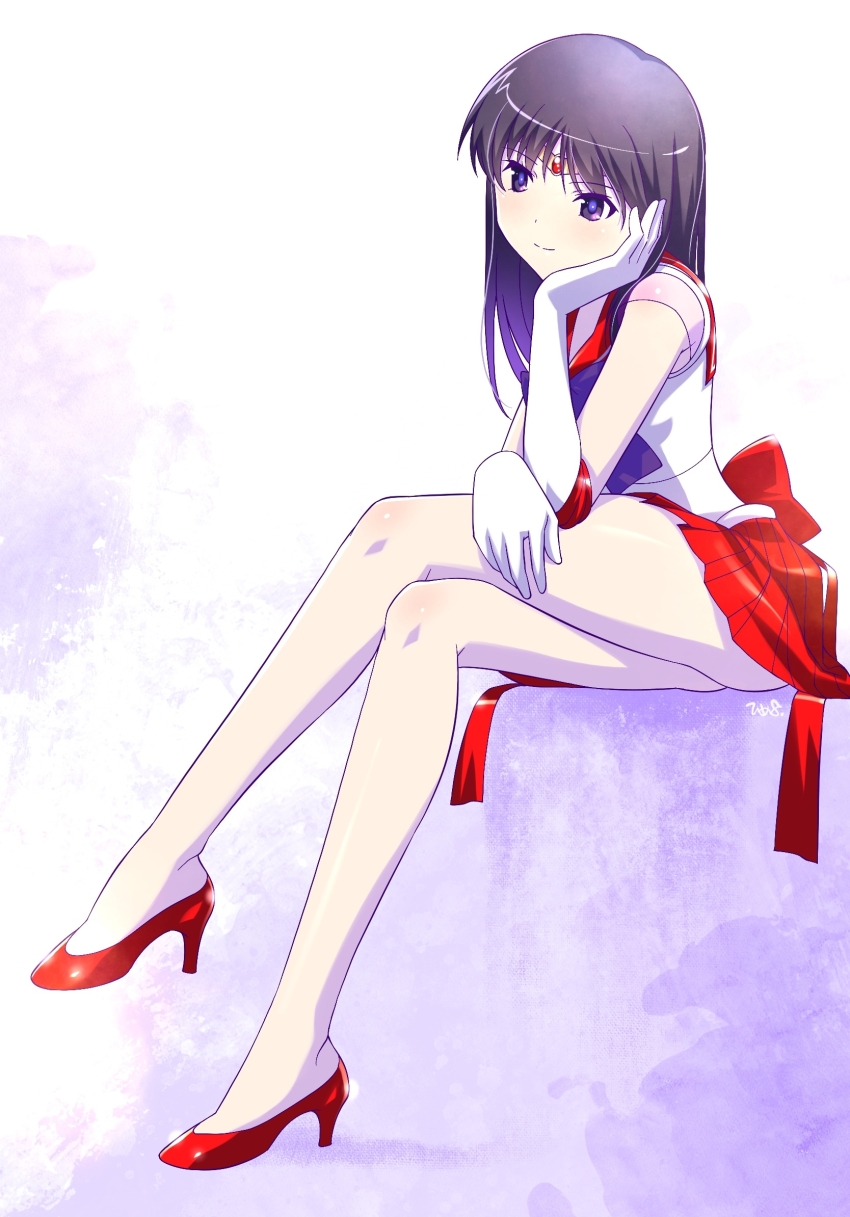 1girl back_bow bishoujo_senshi_sailor_moon black_eyes black_hair bow circlet closed_mouth crossed_legs elbow_gloves full_body gloves high_heels highres himehachi_(hime8manga) hino_rei legs long_hair magical_girl miniskirt pleated_skirt purple_bow red_bow red_sailor_collar red_shoes red_skirt sailor_collar sailor_mars sailor_senshi_uniform shirt shoes sitting skirt sleeveless sleeveless_shirt smile solo split_mouth white_gloves white_shirt