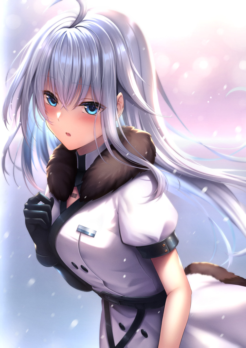 1girl absurdres ahoge black_gloves blue_eyes blush coat codename:_bakery_girl fur-trimmed_coat fur_trim gloves highres jefuty_(bakery_girl) long_hair looking_at_viewer open_mouth reverse_collapse_(series) snow snowing solo upper_body white_coat white_hair xlscaler