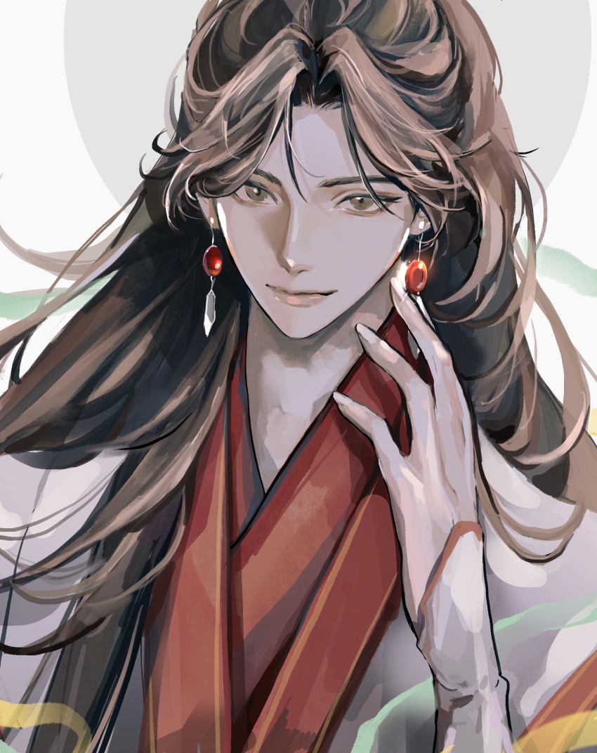 1boy absurdres bishounen brown_eyes brown_hair chinese_clothes closed_mouth ddyog earrings half_updo hand_up hanfu highres jewelry long_hair looking_at_viewer male_focus official_alternate_costume simple_background smile solo tianguan_cifu upper_body white_background xie_lian xie_lian_(flower_crowned_martial_god)