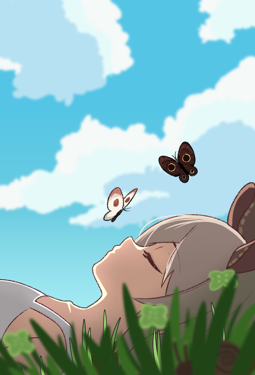 1girl absurdres animal_ears brown_hair bug butterfly closed_eyes cloud clover four-leaf_clover ginotty highres indie_virtual_youtuber insect lying nimi_nightmare on_back on_grass profile sleeping virtual_youtuber