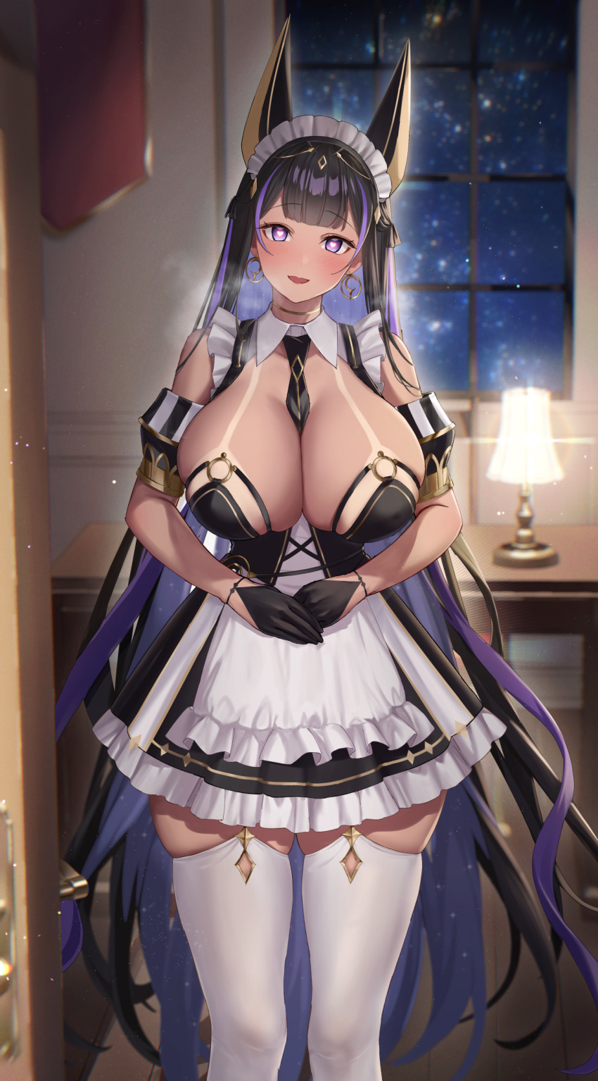 1girl animal_ears apron azur_lane between_breasts bikini_tan black_dress black_gloves black_hair black_necktie blush breasts cleopatra_(azur_lane) desk_lamp detached_collar detached_sleeves dress earrings garter_straps gloves gold_armlet gold_bar gold_collar heart heart-shaped_pupils heart_in_eye highres holding huge_breasts indoors jackal_ears jackal_girl jewelry jyu-so lamp large_breasts long_hair looking_at_viewer maid multicolored_hair necktie necktie_between_breasts night purple_eyes purple_hair purple_streaks smile snowing solo standing symbol-shaped_pupils symbol_in_eye tan tanline thighhighs thighs two-tone_hair very_long_hair white_apron white_thighhighs window