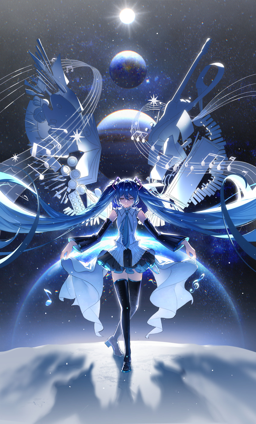 1girl absurdres artificial_wings backlighting black_boots black_sleeves black_thighhighs blue_hair boots chromatic_aberration closed_eyes collared_shirt commentary_request constellation curtsey detached_sleeves easel floating_hair full_body grey_shirt hair_between_eyes hair_ornament hatsune_miku hatsune_miku_happy_16th_birthday_-dear_creators- highres instrument long_hair long_sleeves multiple_neckties musical_note musical_staff paper piano_keys planet pleated_skirt shadow shirt shoene skirt sleeveless sleeveless_shirt solo space sparkle standing star_(sky) straight-on sun thighhighs twintails very_long_hair vocaloid wide_shot wide_sleeves zettai_ryouiki