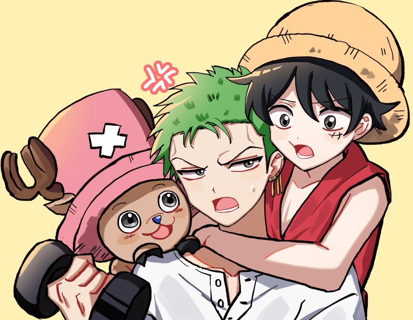 3boys absurdres anger_vein antlers black_hair blush cross earrings hat highres holding horns hug hug_from_behind jewelry kasuga_kaya looking_at_another male_focus monkey_d._luffy multiple_boys one_piece open_mouth red_shirt reindeer_antlers roronoa_zoro scar scar_on_face shirt sleeveless sleeveless_shirt straw_hat sweatdrop tony_tony_chopper white_shirt yellow_background