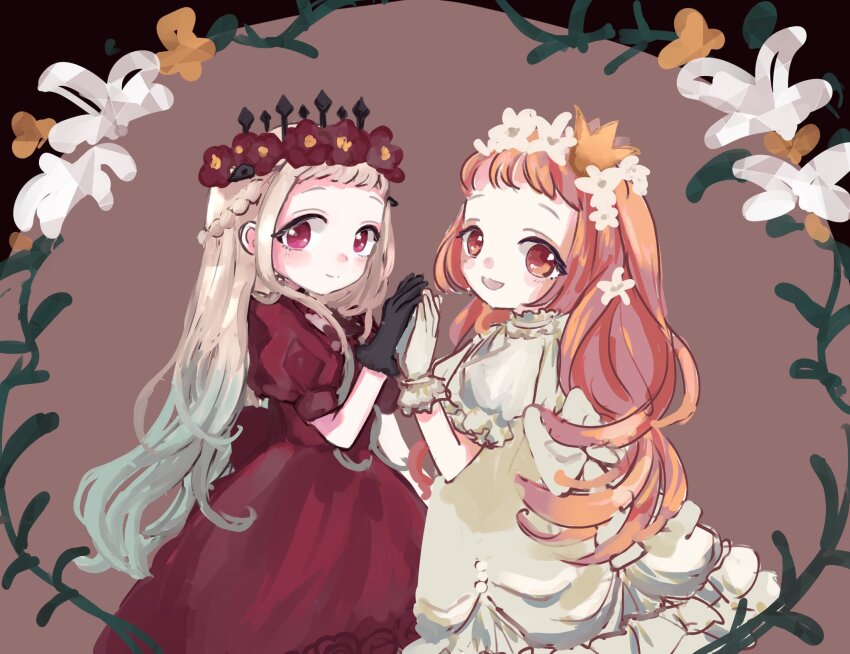 2girls :d black_gloves c8h7n3o2mm colored_tips crown dear_my_living_dead dress flower gloves hair_ornament hairclip head_wreath highres holding_hands jibaku_shounen_hanako-kun lilia_(dear_my_living_dead) looking_at_viewer multicolored_hair multiple_girls open_mouth pink_eyes pink_hair plant red_dress red_eyes smile two-tone_hair vines white_dress white_gloves white_hair yashiro_nene