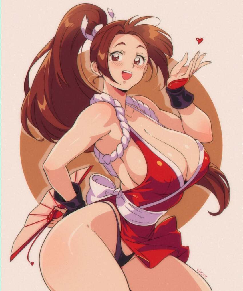 1girl :d arm_behind_back armpits black_panties blowing_kiss blush breasts brown_eyes brown_hair cleavage clothes_lift collarbone commentary cowboy_shot dress eyelashes fatal_fury folding_fan forehead hand_fan hand_guard hand_up heart high_ponytail highleg highleg_panties highres holding holding_fan japanese_clothes japanese_flag kimono large_breasts long_hair looking_at_viewer motoyui ninja no_bra open_mouth panties pelvic_curtain pelvic_curtain_lift ponytail procreate_(medium) red_dress red_kimono revealing_clothes ribbon rope shimenawa shiranui_mai sideboob sidelocks sleeveless sleeveless_kimono smile teeth the_king_of_fighters underwear upper_teeth_only vizaz waist_ribbon white_ribbon wristband
