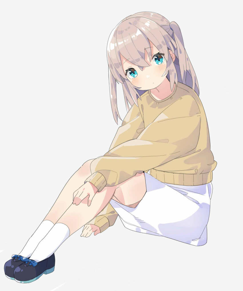 1girl black_shoes blonde_hair blue_ribbon closed_mouth footwear_ribbon full_body highres light_blush long_hair looking_at_viewer original pa._(tatuya28001) ribbon shoes sidelocks simple_background sitting socks solo sweater two_side_up vest white_background white_socks white_vest wide_sleeves yellow_sweater