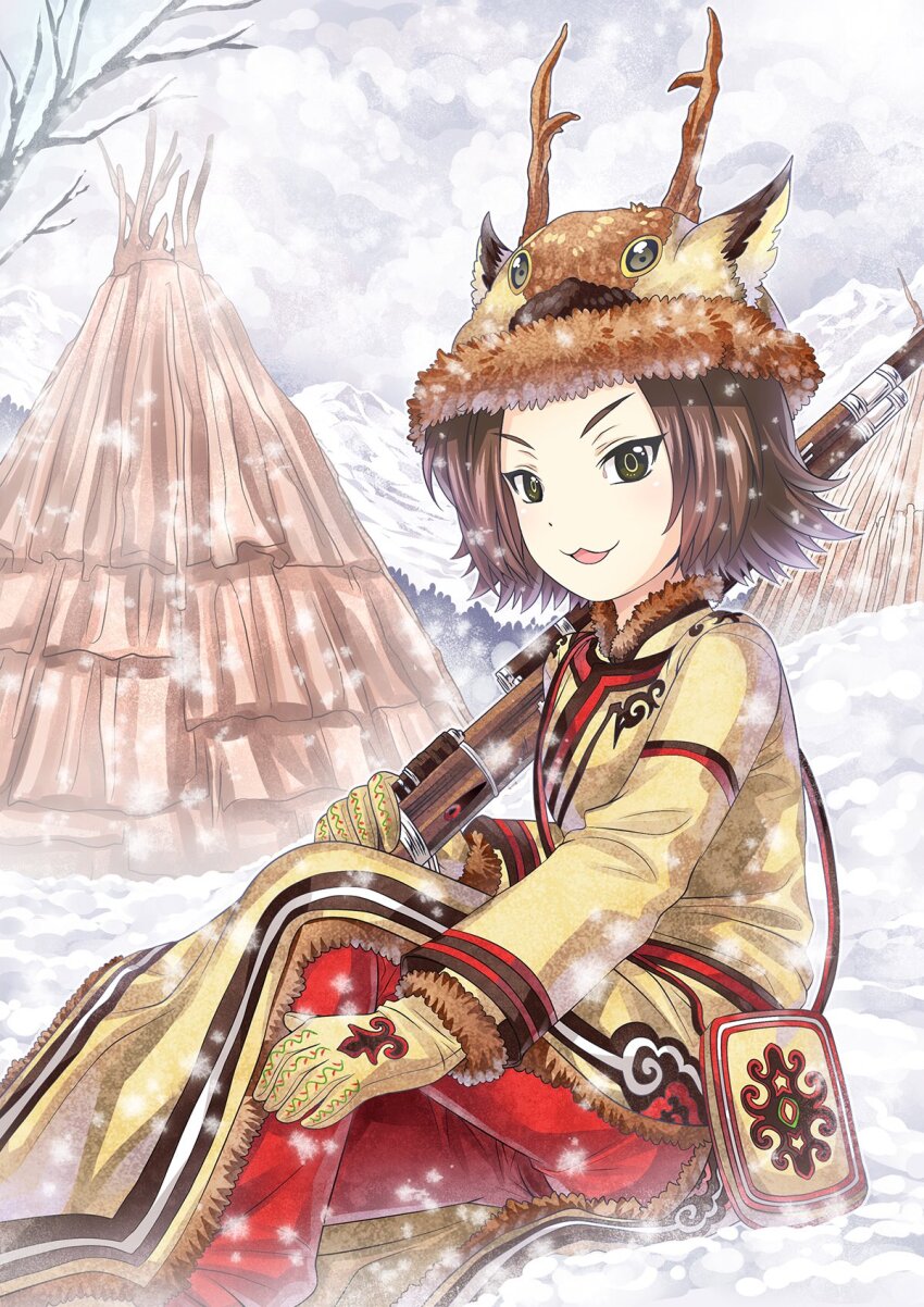 1girl :3 animal_hat bag brown_hair china china_comic chinese_clothes dress gloves green_eyes gun hat highres horned_hat hut looking_at_viewer mountain mountainous_horizon original oroqen_clothes outdoors overcast pants petite red_pants rifle short_hair shoulder_bag sky smile snowing solo tree weapon winter winter_clothes yellow_dress yellow_gloves