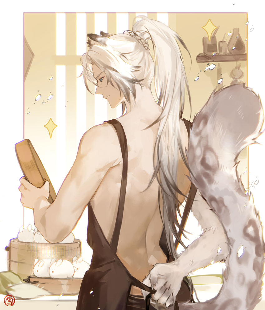 1boy animal_ears animal_hands apron arm_behind_back back bamboo_steamer bare_back black_pants border claws closed_mouth colored_tips fengyang_(onmyoji) food from_behind grey_hair high_ponytail highres holding_lid indoors kitchen leopard_boy leopard_ears leopard_tail lid long_hair male_focus monster_boy multicolored_hair nearly_naked_apron onmyoji outside_border pants ponytail ponytail_with_braided_base profile smile solo sparkle standing tail upper_body usagi_manjuu white_border white_fur white_hair xuedaixun