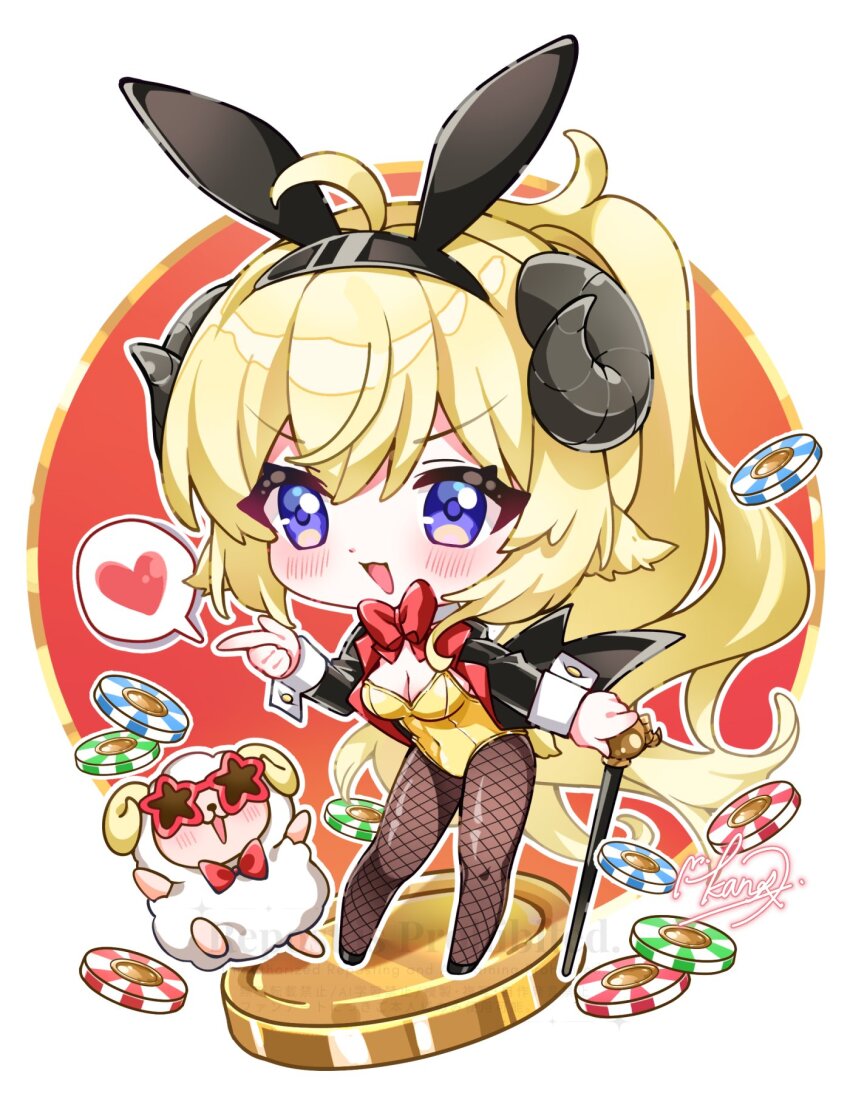 1girl ahoge animal_ear_hairband animal_ears black_coat black_pantyhose blonde_hair blush bow bowtie breasts cane chibi chibi_only coat commentary fake_animal_ears fishnet_pantyhose fishnets hair_ornament hairband hairclip highres holding holding_cane hololive horns kan_(kan0108) leotard long_hair looking_at_viewer medium_breasts pantyhose playboy_bunny ponytail purple_eyes rabbit_ear_hairband rabbit_ears red_bow red_bowtie sheep sheep_ears sheep_girl sheep_horns sheep_tail smile smug solo tail tailcoat_playboy_bunny tsunomaki_watame v-shaped_eyebrows very_long_hair virtual_youtuber watamate yellow_leotard