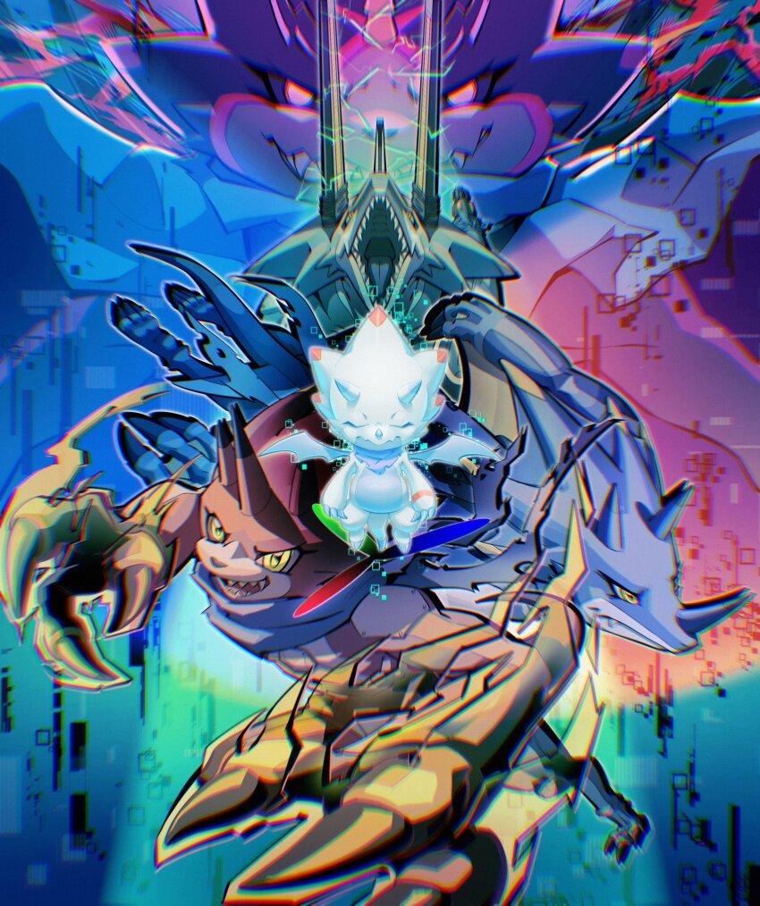 betelgammamon black_sclera black_skin blue_cape blue_skin cannon cape closed_eyes colored_sclera colored_skin digimon digimon_ghost_game dinosaur dragon gammamon gulusgammamon highres horns isei0212 kausgammamon purple_eyes red_skin sharp_teeth teeth tongue triceratops wezengammamon white_skin wings yellow_eyes