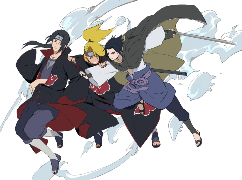 3boys akatsuki_uniform black_eyes black_hair black_sandals bodysuit brothers cloak deidara_(naruto) grabbing_another&#039;s_sleeve grey_jacket holding holding_sword holding_weapon jacket katana long_hair multiple_boys naruto_(classic) naruto_(series) naruto_shippuuden pants ponytail purple_bodysuit purple_pants red_eyes sandals siblings sword tosyoen uchiha_itachi uchiha_sasuke weapon white_background