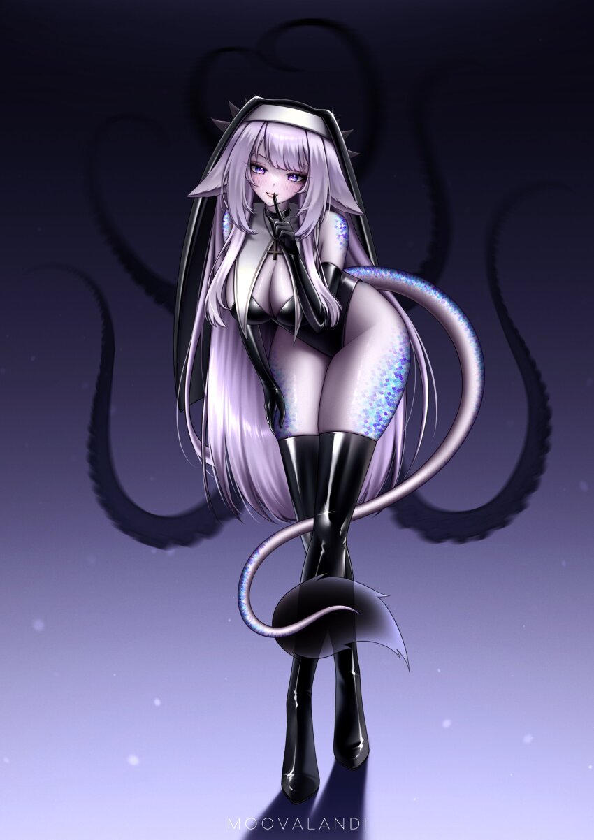 1girl absurdres animal_ears artist_name axolotl_girl black_veil bodysuit boots cross cross_necklace dragon_tail fox_ears gloves highres jewelry latex latex_bodysuit latex_boots latex_gloves long_hair monster_girl moovalandi necklace nun purple_eyes scales solo tail tentacles veil