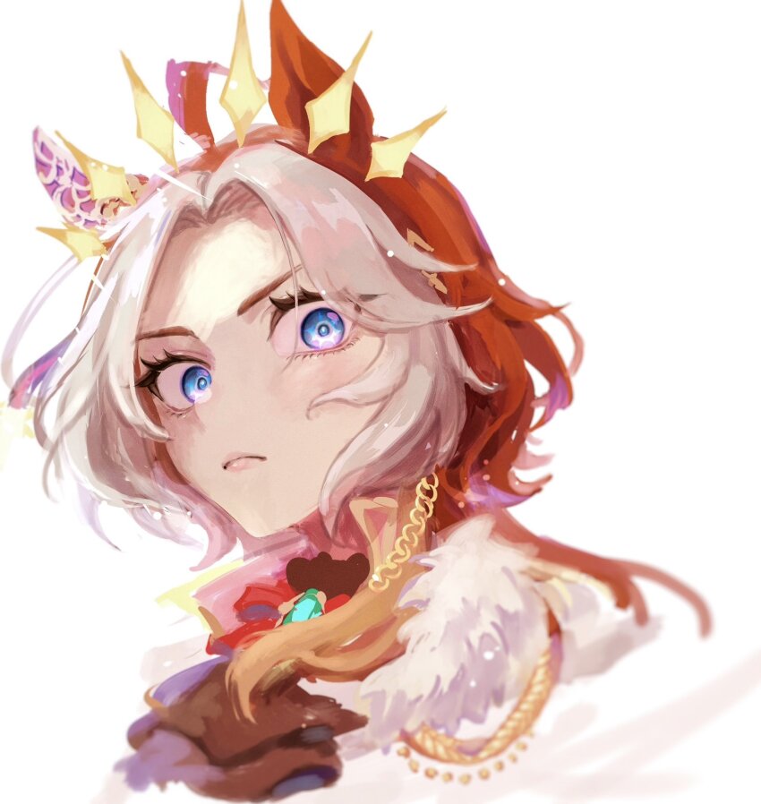 1girl ahoge animal_ears ascot blue_eyes brooch closed_mouth ear_covers highres horse_ears jewelry long_hair looking_at_viewer multicolored_hair orange_hair orfevre_(umamusume) parted_bangs portrait sekiyu_inu simple_background single_ear_cover solo two-tone_hair umamusume v-shaped_eyebrows white_background white_hair wide-eyed