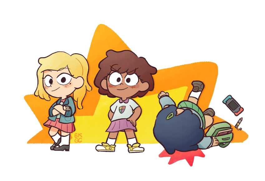 3girls amphibia anne_boonchuy asymmetrical_bangs backpack bag black_hair blonde_hair blush brown_hair chibi chibi_only crossed_arms dark-skinned_female dark_skin elfkinggolfclub fallen_down full_body green_skirt hair_ornament hairclip hand_on_own_hip highres jacket marcy_wu mole mole_under_eye multiple_girls nintendo_switch pencil pink_skirt pleated_skirt ponytail purple_skirt sasha_waybright school_uniform shoes short_hair signature sjms_school_uniform skirt sleeves_rolled_up smile sneakers socks