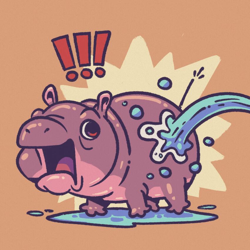 ! !! animal_focus baby_animal brown_background brown_eyes commentary doodlecat english_commentary highres hippopotamus looking_to_the_side moo_deng no_humans open_mouth real_life shadow surprised water