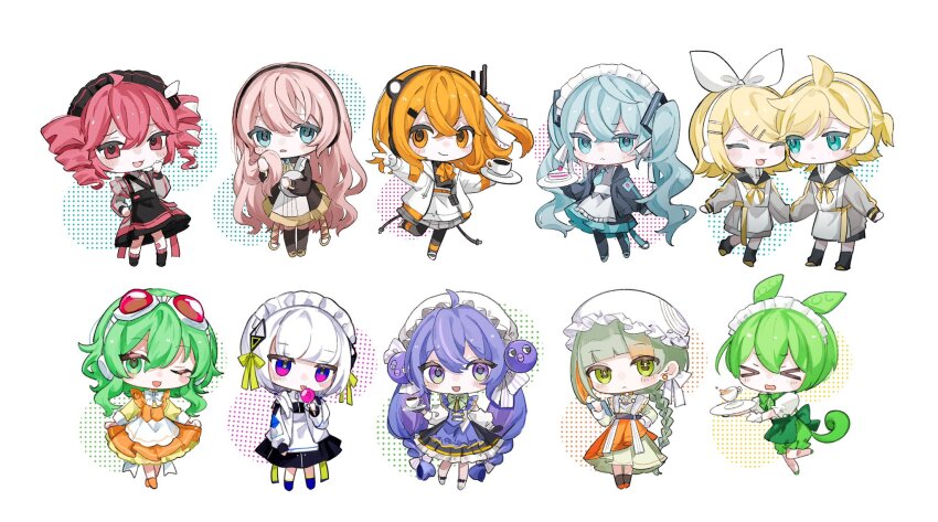 &gt;_&lt; 1boy 6+girls :&lt; a.i._voice adachi_rei adapted_costume ahoge animal_ears apron ascot belt black_belt black_dress black_hairband black_jacket black_pantyhose black_shirt black_shoes black_skirt black_sleeve_cuffs blonde_hair blue_eyes blue_hair blue_necktie blush bow braid braided_ponytail braided_twintails cake cake_slice candy cevio chibi chibi_only chis-a closed_eyes closed_mouth collared_dress commentary_request crossed_bangs cup dress drill_hair eating food frilled_hairband frills full_body gloves goggles goggles_on_head green_eyes green_hair green_shorts green_tail grey_dress grey_hair grey_jacket grey_shirt gumi hair_between_eyes hair_bow hair_ornament hair_ribbon hairband hairclip hand_on_own_hip hatsune_miku headphones highres holding holding_candy holding_food holding_hands holding_lollipop holding_own_hair holding_plate jacket kagamine_len kagamine_rin kamitsubaki_studio kasane_teto kasane_teto_(sv) layered_dress layered_sleeves leg_up lollipop long_hair long_sleeves looking_at_viewer megurine_luka multicolored_hair multiple_girls neck_ribbon neckerchief necktie one_eye_closed open_clothes open_jacket open_mouth orange_belt orange_eyes orange_hair orange_neckerchief otomachi_una otomachi_una_(sv) pantyhose pink_hair plate purple_hair red_eyes red_skirt red_socks ribbon sailor_collar shirt shoes short_hair short_necktie shorts side_ponytail sirotuki skirt skirt_hold smile socks standing standing_on_one_leg star-shaped_pupils star_(symbol) streaked_hair swirl_lollipop symbol-shaped_pupils synthesizer_v teacup tongue tongue_out twin_drills twintails utau v very_long_hair vocaloid voiceroid voicevox voisona w waist_apron white_apron white_background white_bow white_gloves white_hair white_hairband white_jacket white_ribbon white_shirt wing_collar yellow_ascot yellow_dress yellow_ribbon yellow_sleeves zundamon