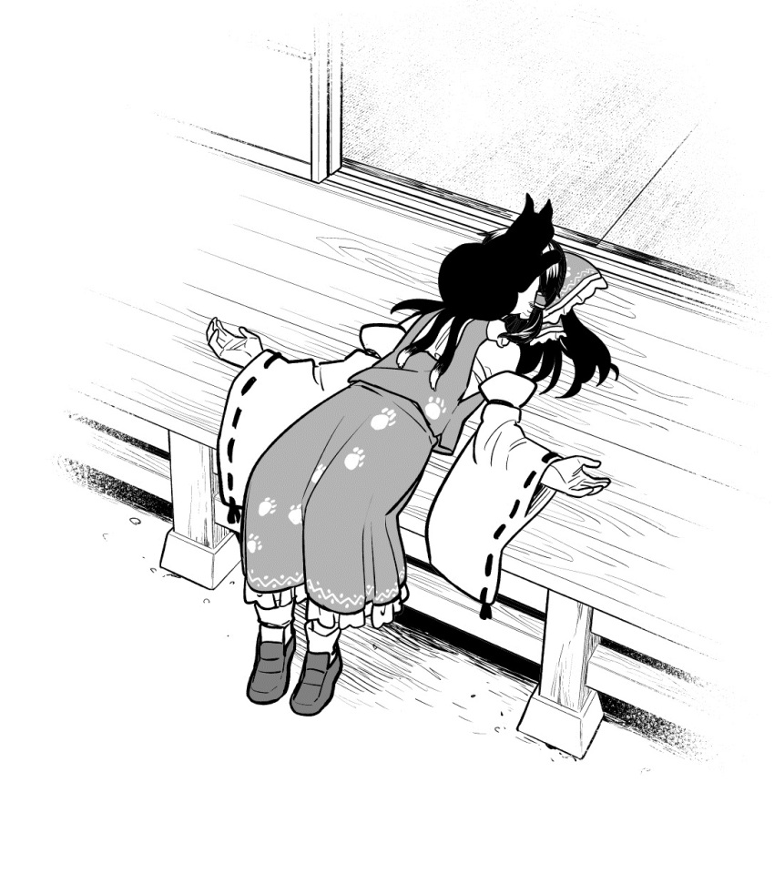 2girls black_hair bow commentary_request detached_sleeves frilled_skirt frills full_body fuuzasa greyscale hair_bow hakurei_reimu highres kaenbyou_rin kaenbyou_rin_(cat) loafers long_skirt long_sleeves monochrome multiple_girls paw_print paw_print_pattern sarashi shoes skirt sleeping sleeping_on_person touhou veranda wide_sleeves