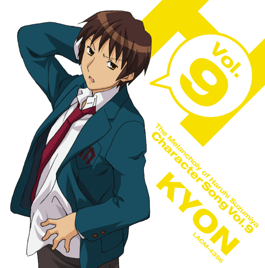 1boy album_cover brown_eyes brown_hair character_single cover h_(letter) highres ikeda_shouko kita_high_school_uniform kyon male_focus necktie official_art red_necktie school_uniform solo suzumiya_haruhi_no_yuuutsu white_background winter_uniform