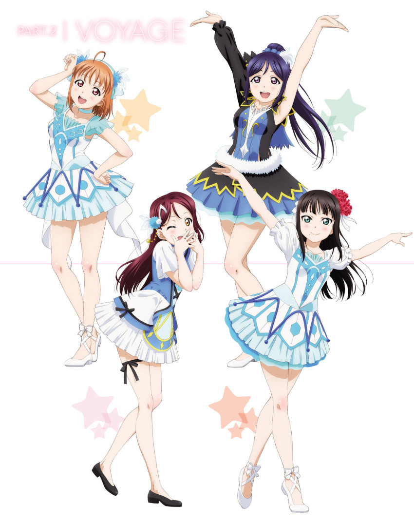 4girls 5girls ahoge aqua_eyes arms_up artbook bare_legs black_hair black_ribbon blue_dress dress flower full_body hair_flower hair_ornament hands_up highres kurosawa_dia long_hair looking_at_viewer love_live! love_live!_sunshine!! matsuura_kanan mole mole_under_mouth multiple_girls non-web_source official_alternate_costume official_art one_eye_closed open_mouth orange_hair ponytail purple_eyes purple_hair red_eyes red_hair ribbon sakurauchi_riko short_hair smile standing takami_chika water_blue_new_world yellow_eyes