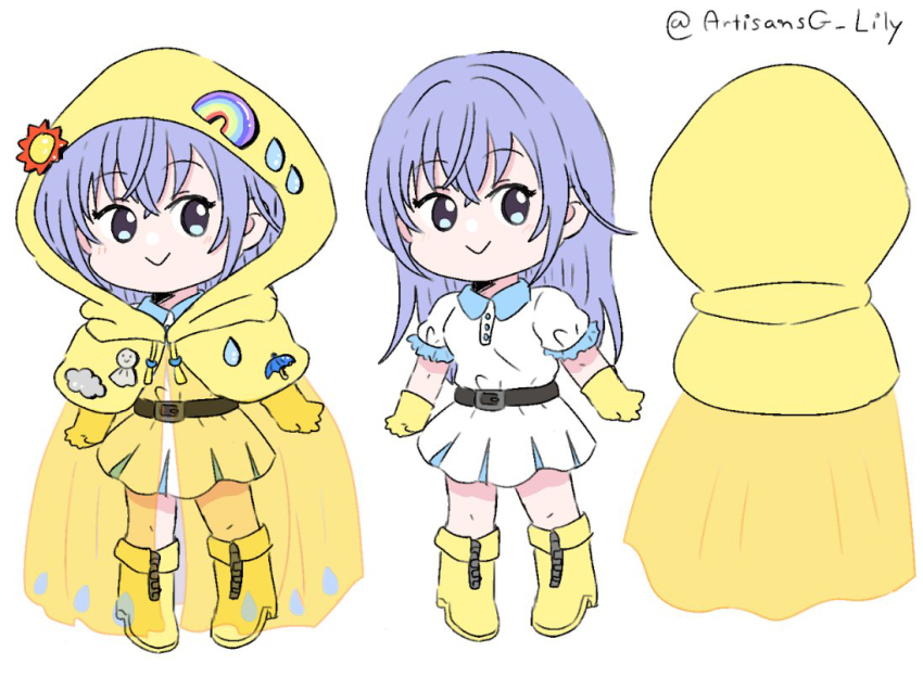 1girl :&gt; artisansg_lily blue_eyes blue_hair gloves hood hood_up idol_clothes idolmaster idolmaster_shiny_colors light_blush long_hair looking_to_the_side pigeon-toed rainbow_hat_ornament raincloud raincoat shirt short_sleeves simple_background skirt smile sun_hat_ornament suzuki_hana teruterubouzu translucent_dress twitter_username umbrella water_drop white_background white_shirt white_skirt yellow_gloves yellow_raincoat