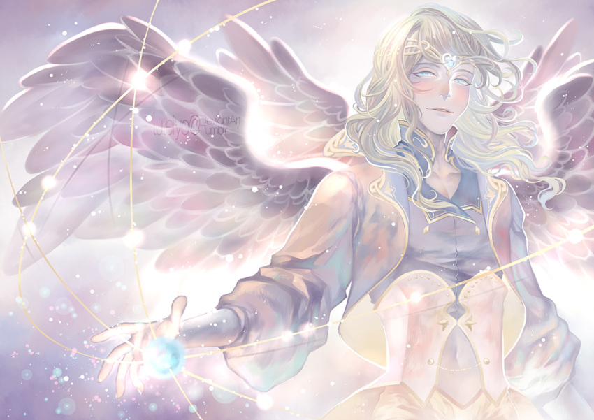 1boy angel_wings backlighting blue_eyes cropped_jacket energy_ball fai_d._flowright luluko_(starryluluko) male_focus multiple_wings smile solo tsubasa_chronicle upper_body watermark white_hair wings