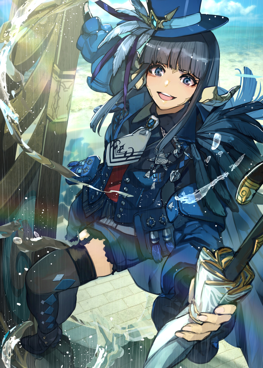 1girl absurdres au_ra black_hair black_thighhighs blue_eyes blue_mage_(final_fantasy) blunt_bangs dragon_horns final_fantasy final_fantasy_xiv garter_straps hat hide_(hideout) highres holding holding_umbrella horns long_hair open_mouth rain scales solo thighhighs top_hat umbrella warrior_of_light_(ff14)