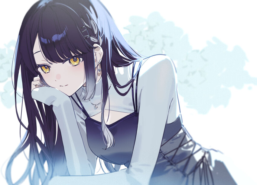 1girl black_hair blunt_bangs breasts cleavage commentary_request earrings gradient_hair grey_corset itefu jewelry light_smile long_hair looking_at_viewer multicolored_hair necklace nijisanji official_alternate_costume official_alternate_hairstyle shrug_(clothing) sidelocks solo umise_yotsuha virtual_youtuber white_hair white_shrug yellow_eyes