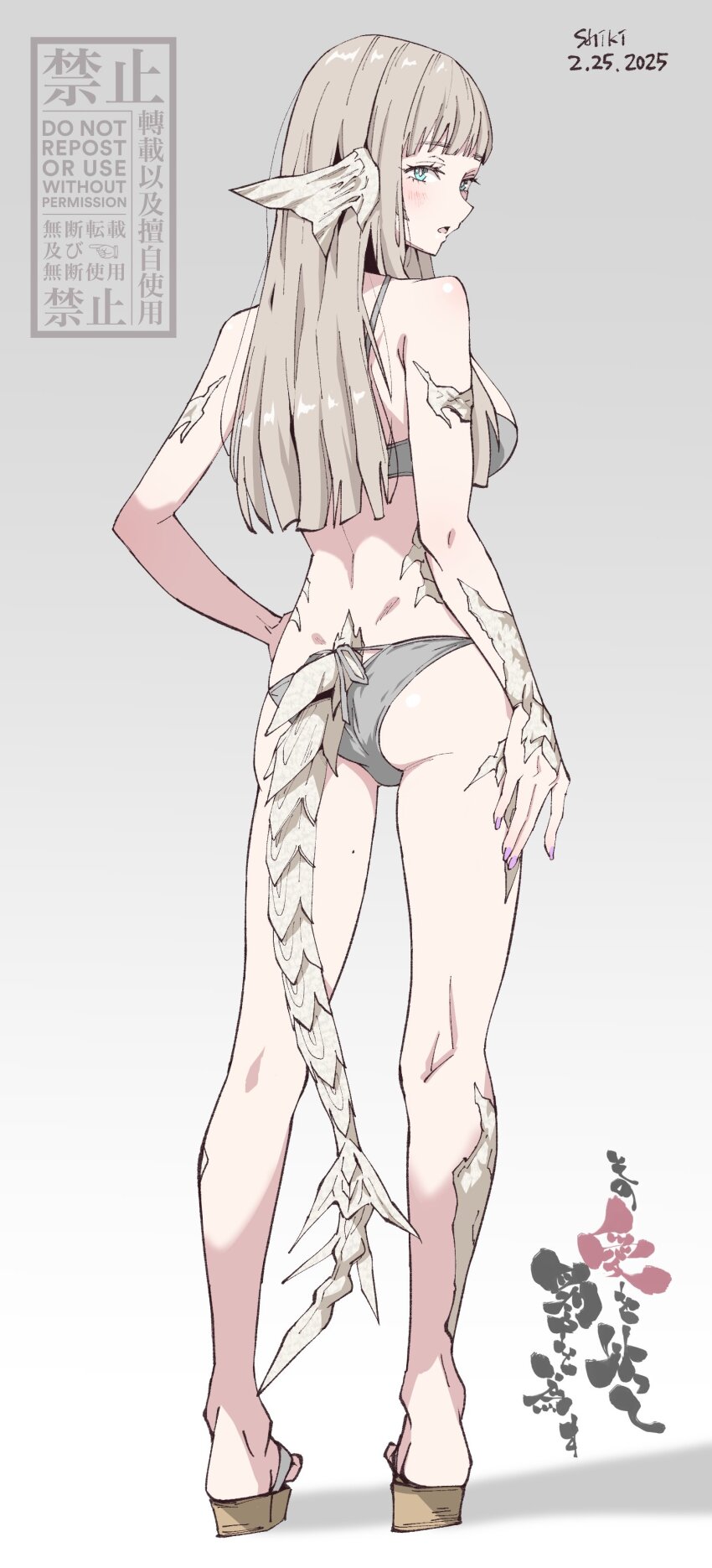 1girl absurdres bone_tail bra from_behind highres lakugali_shiki legs long_hair original panties platform_sandals sandals solo standing tail underwear underwear_only