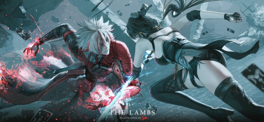 1boy 1girl absurdres black_bow black_gloves black_hair black_shorts black_thighhighs boots bow breasts burn_scar coat commentary elbow_pads english_commentary faceoff female_rover_(wuthering_waves) gloves hair_bow heterochromia highres holding holding_sword holding_weapon jvn large_breasts low_ponytail multicolored_hair pants ponytail red_coat red_hair rover_(wuthering_waves) scar scar_(wuthering_waves) scar_across_eye scar_on_face scar_on_ribs short_shorts shorts streaked_hair sword thighhighs thighhighs_under_boots thighs weapon white_hair white_pants wuthering_waves