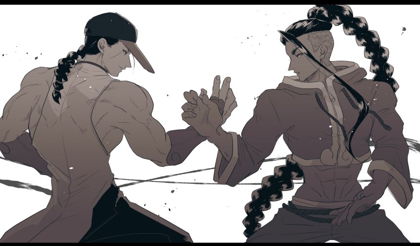 2boys abs absurdly_long_hair absurdres arm_up bare_shoulders baseball_cap belt braid bridal_gauntlets closed_mouth commentary_request cropped_jacket eye_contact feet_out_of_frame fighting_stance fingernails greyscale groin hat highres jacket jamie_siu letterboxed long_hair looking_at_another male_focus mhmk_game midriff monochrome multiple_boys muscular muscular_male open_mouth pants profile rope_belt single_bang single_braid sleeveless smile standing street_fighter street_fighter_6 street_fighter_iii_(series) very_long_hair yun_lee