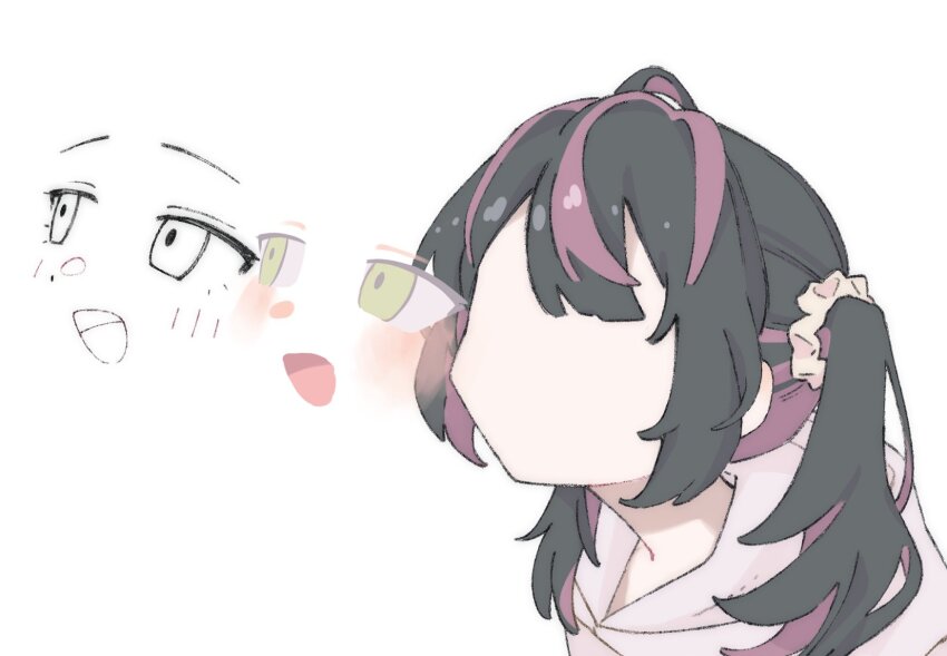 1girl black_hair center-flap_bangs disembodied_mouth faceless faceless_female hair_ornament hair_scrunchie highres multicolored_hair nanoni! original pink_hair scrunchie sidelocks streaked_hair surreal twintails what white_background