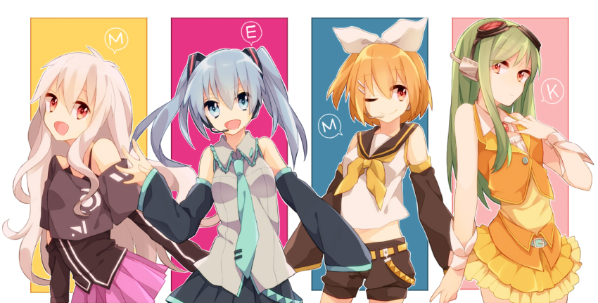 4girls bad_id bad_pixiv_id bare_shoulders blonde_hair blue_eyes blue_hair cosplay detached_sleeves ene_(kagerou_project) goggles goggles_on_head green_hair gumi gumi_(cosplay) hair_ornament hairclip hatsune_miku hatsune_miku_(cosplay) headphones headset ia_(cosplay) ia_(vocaloid) kagamine_rin kagamine_rin_(cosplay) kagerou_project kido_tsubomi kisaragi_momo kozakura_marry long_hair look-alike multiple_girls necktie one_eye_closed outside_border red_eyes short_hair side_ponytail skirt smile twintails vocaloid wowishi