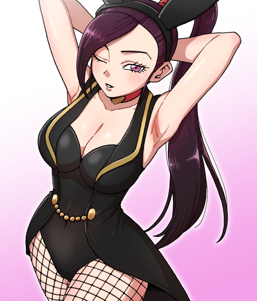 1girl animal_ear_hairband animal_ears armpits arms_behind_head black_hairband black_leotard breasts choker cleavage collarbone commentary_request covered_navel cowboy_shot dragon_quest dragon_quest_xi fake_animal_ears fishnet_pantyhose fishnets from_above hairband heart heart_choker high_ponytail highres large_breasts leotard looking_at_viewer looking_up martina_(dq11) nutkingcall official_alternate_costume one_eye_closed pantyhose parted_lips pink_background ponytail purple_eyes purple_hair rabbit_ears red_choker solo tailcoat_playboy_bunny