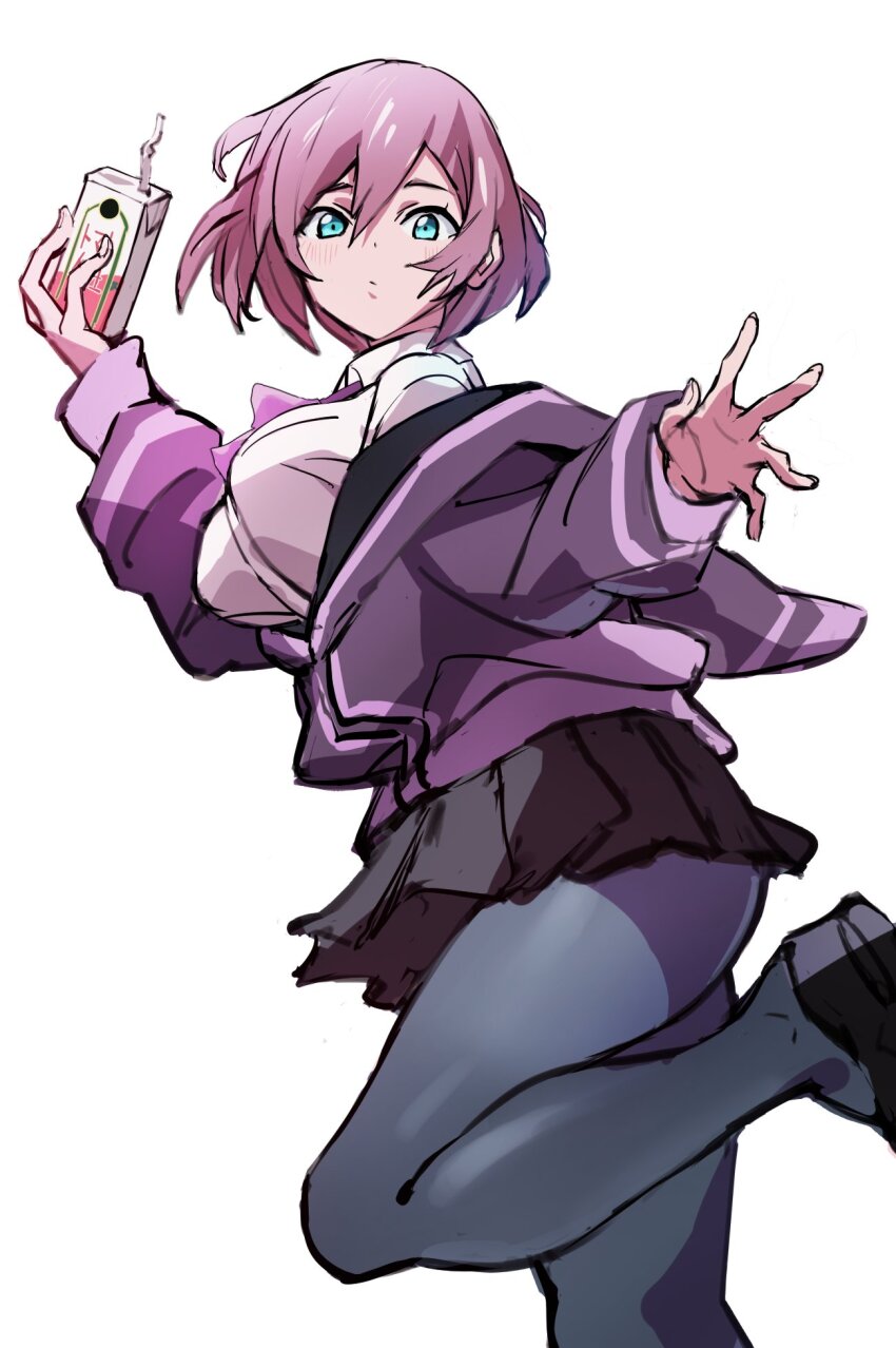 1girl blue_eyes bow breasts closed_mouth cosplay gridman_universe highres jacket large_breasts long_sleeves looking_at_viewer mujina off_shoulder pleated_skirt purple_bow purple_jacket sakamoto_(ojiojiojisanda) shinjou_akane shinjou_akane_(cosplay) shirt short_hair simple_background skirt solo ssss.dynazenon ssss.gridman thighhighs thighs white_background white_shirt