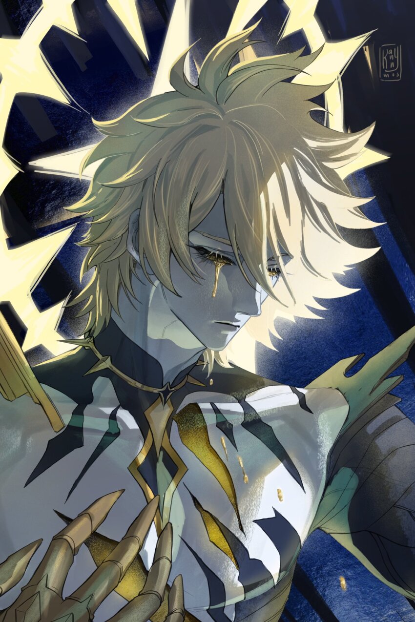 1boy alternate_form black_shirt blonde_hair blood bloody_tears clawed_gauntlets closed_eyes cracked_skin hair_between_eyes halo halo_behind_head hand_on_own_chest highres honkai:_star_rail honkai_(series) male_focus material_growth phainon_(honkai:_star_rail) shirt short_hair solo taemansfw torn_clothes torn_shirt yellow_blood