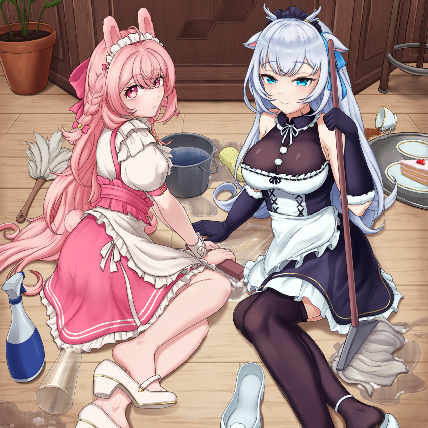 2girls absurdres ahoge animal_ears antlers apron black_collar black_dress black_gloves black_thighhighs blue_eyes blue_ribbon bottle breasts bucket bucket_of_water cake cake_slice cleavage closed_mouth collar cup deer_antlers deer_ears deer_girl dress efreezerarts elbow_gloves food frilled_apron frilled_collar frilled_skirt frills fur-trimmed_gloves fur_trim glass gloves grey_hair hair_ribbon hakushika_iori halterneck heel_pop high_heels highres holding holding_mop horns ice ice_cube large_breasts long_hair maid maid_headdress mary_janes mop multiple_girls on_floor phase_connect pink_eyes pink_hair pink_skirt pipkin_pippa plant plate pom_pom_(clothes) potted_plant rabbit_ears rabbit_girl ribbon saucer second-party_source see-through_clothes see-through_cleavage shoes skirt smile spill sponge spray_bottle teacup thighhighs tray unworn_shoes virtual_youtuber waist_apron washing water white_apron white_footwear white_wrist_cuffs wooden_floor wrist_cuffs