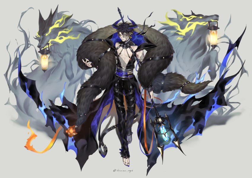 1boy abs alchemy_stars alternate_costume barefoot belt belt_buckle black_coat black_pants buckle coat colored_inner_hair commentary_request detached_sleeves eye_trail feather_boa full_body grey_background halloween highres holding holding_staff horns hydrad_(alchemy_stars) jewelry lantern light_trail looking_at_viewer male_focus multicolored_hair nail_polish open_mouth pants patchwork_skin pectorals purple_nails ring short_hair simple_background single_detached_sleeve solo sonomi staff teeth twitter_username wolf yellow_eyes