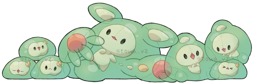 &gt;_&lt; :&gt; animal_focus artist_name closed_eyes commentary_request duosion evolutionary_line gen_5_pokemon highres nintendo no_humans open_mouth pokemon reuniclus simple_background smile solid_oval_eyes solosis towa_(clonea) twitter_username white_background