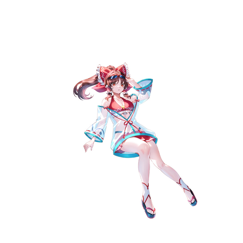 1girl adjusting_eyewear alternate_costume ball bikini bikini_skirt bow breasts brown_eyes brown_hair cleavage collarbone detached_sleeves eyewear_on_head frilled_bow frilled_hair_tubes frills game_cg hair_bow hair_tubes hakurei_reimu hand_on_eyewear highres long_hair looking_at_viewer non-web_source official_art platform_sandals ponytail red-framed_eyewear red_bikini red_bow ribbon-trimmed_sleeves ribbon_trim sandals see-through_clothes solo sunglasses swimsuit touhou touhou_gensou_eclipse transparent_background u_u_zan water yin_yang yin_yang_print
