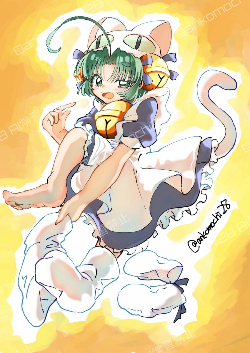 1girl animal_hat ankomochi28 apron bell blue_dress cat_hat cat_tail dejiko di_gi_charat dress full_body green_eyes green_hair hair_bell hair_ornament hat highres jingle_bell looking_at_viewer mittens neck_bell open_mouth paw_shoes short_hair solo tail twitter_username white_mittens