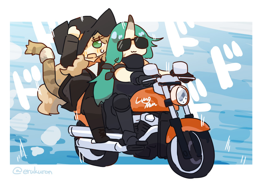 :3 arknights armband chibi full_body green_eyes green_hair hat highres horns hoshiguma_(arknights) lcron motor_vehicle motorcycle oni riding single_horn sun_hat sunglasses swire_(arknights) tail tiger_tail