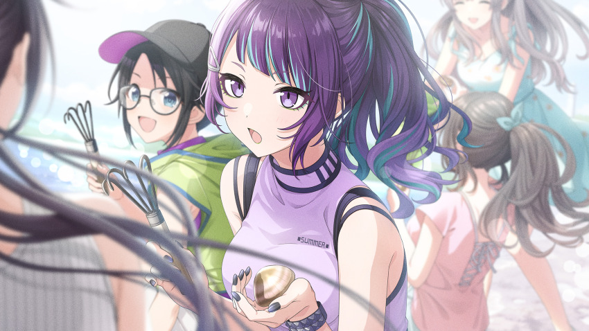 5girls blue_eyes blue_hair brown_hair closed_eyes english_text game_cg glasses grey_hair hat holding idolmaster idolmaster_shiny_colors idolmaster_shiny_colors_song_for_prism mitsumine_yuika multicolored_hair multiple_girls nail_polish official_art open_mouth ponytail purple_eyes tanaka_mamimi wristband yukoku_kiriko