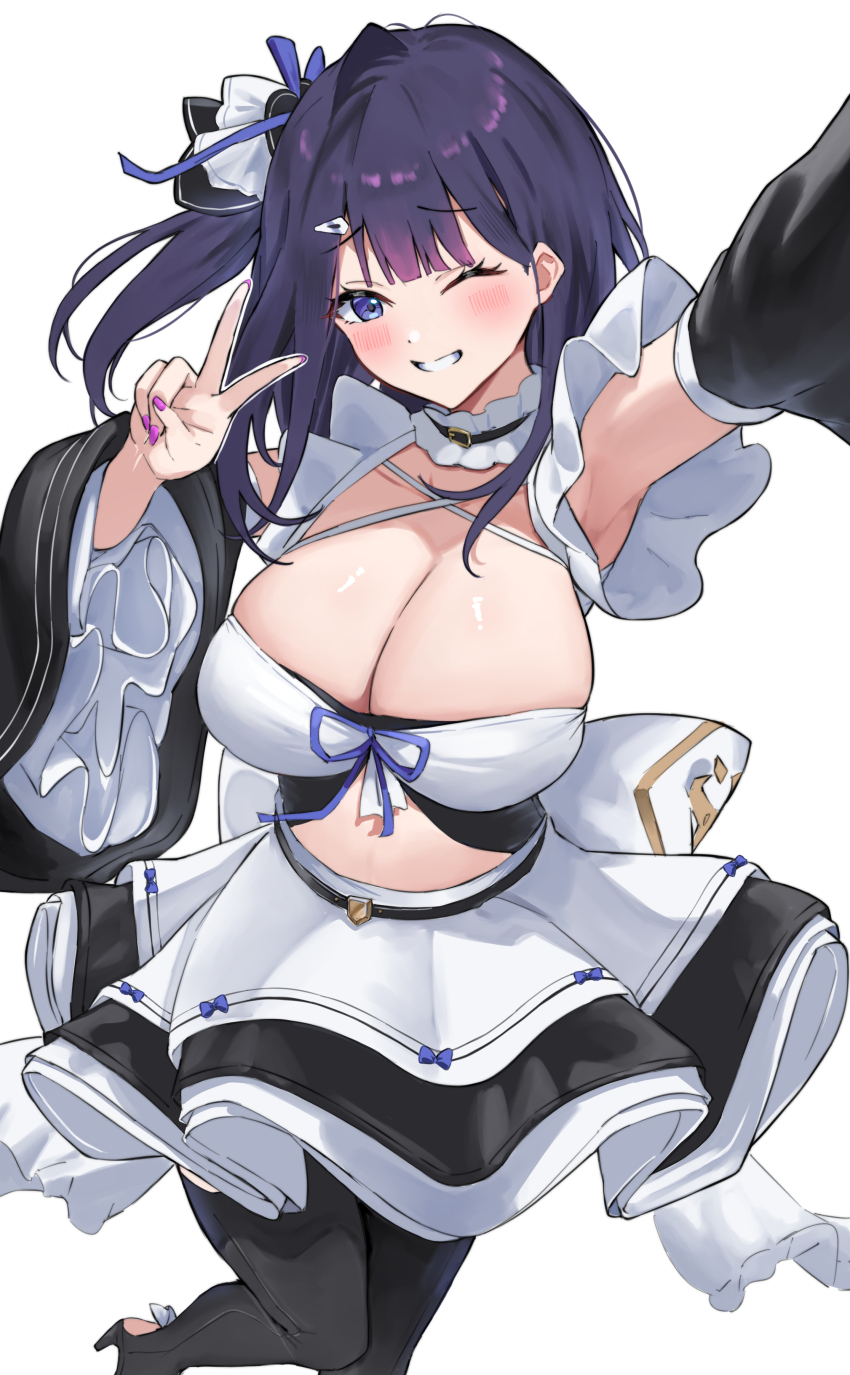 1girl absurdres armpits azur_lane black_pantyhose black_sleeves blue_hair breasts cleavage commentary_request detached_sleeves dress fingernails frilled_sleeves frills highres large_breasts liverpool_(azur_lane) looking_at_viewer maid nail_polish one_side_up outstretched_arm pantyhose purple_eyes purple_nails short_hair simple_background skindentation smile solo soul_(dp11) white_background wide_sleeves